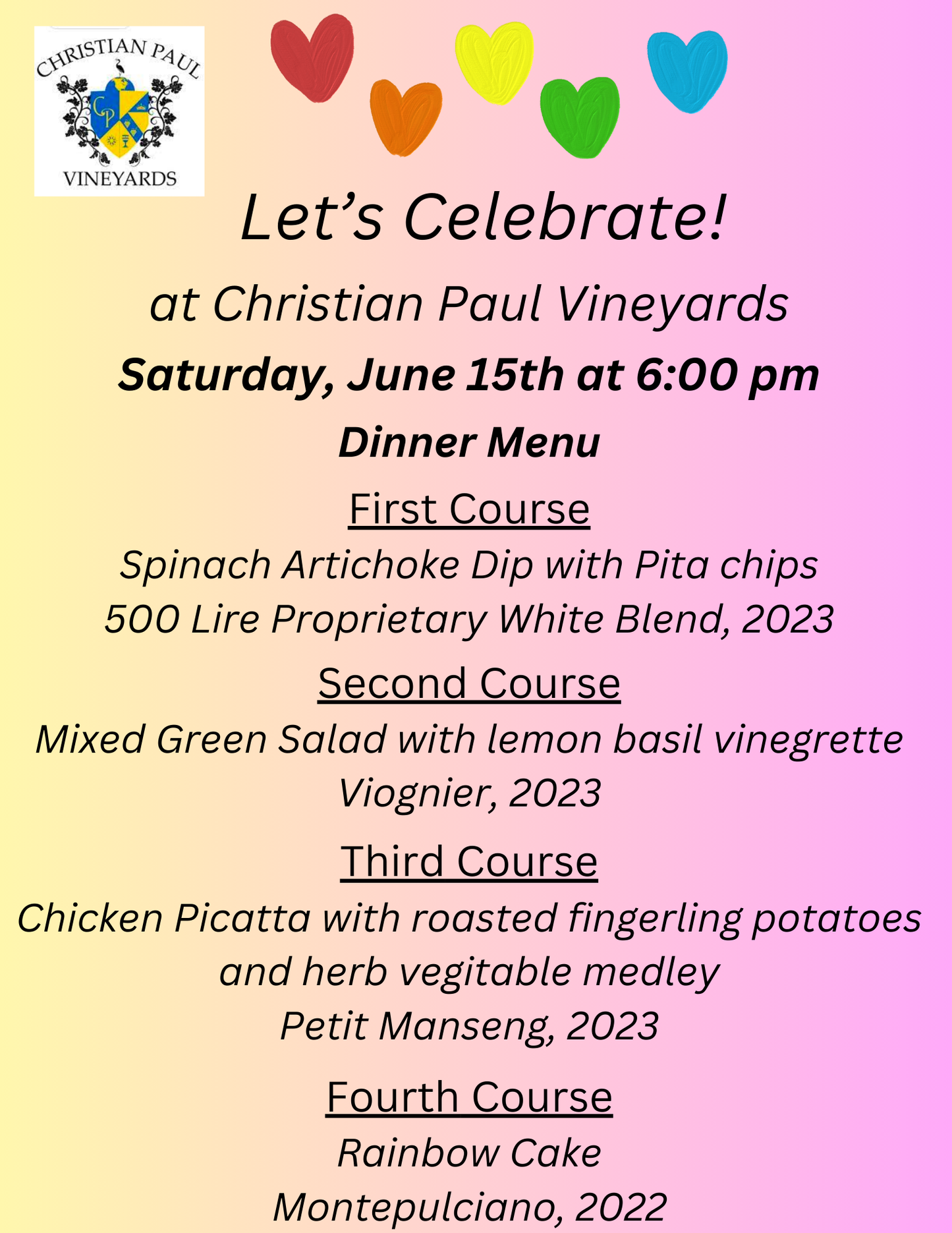 Let's Celebrate Dinner - Saturday, June 15th at 6pm